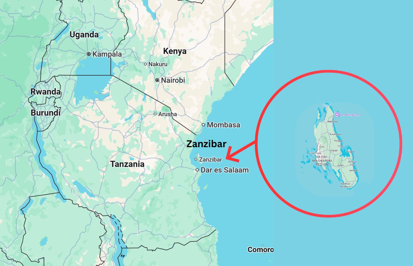 Map showing where Zanzibar is located off the coast of mainland Tanzania in East Africa